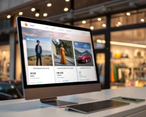Escaparate digital con imágenes de productos optimizadas y vibrantes en un dashboard de ecommerce, mostrando iconos de reducción de tamaño de archivo y formatos como WebP, con fondo desenfocado y colores intensos.