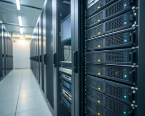 Primer plano de servidores web de alto rendimiento con discos SSD y cables de fibra óptica en un centro de datos moderno y minimalista. Iluminación suave y entorno limpio sin personas, destacando la tecnología avanzada y la fiabilidad.
