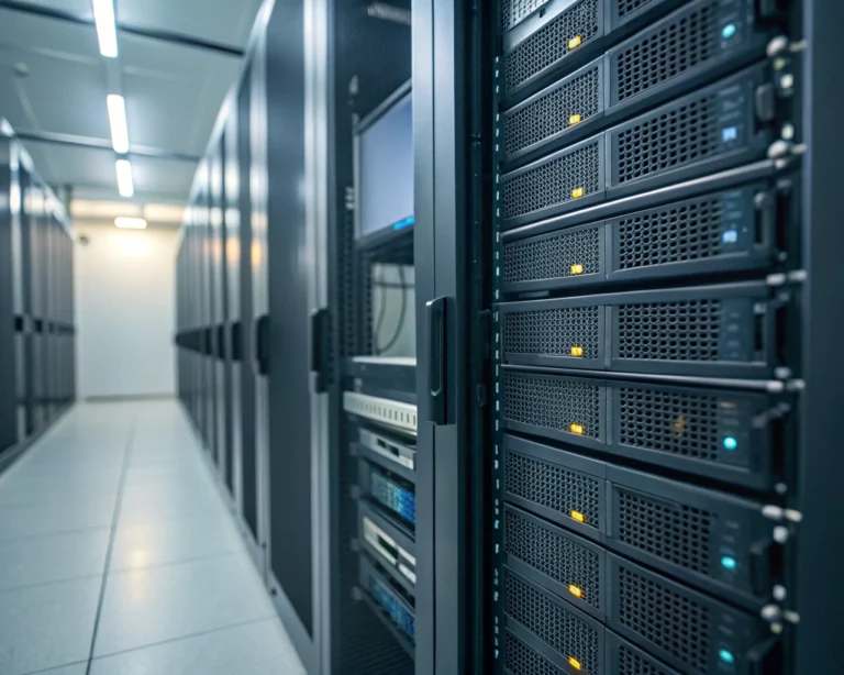 Primer plano de servidores web de alto rendimiento con discos SSD y cables de fibra óptica en un centro de datos moderno y minimalista. Iluminación suave y entorno limpio sin personas, destacando la tecnología avanzada y la fiabilidad.