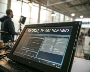 Primer plano de la pantalla de una computadora o tableta mostrando un menú de navegación digital bien organizado, con categorías de productos y menús desplegables claramente visibles en un espacio de trabajo moderno y suavemente iluminado. El fondo está borroso y se perciben leves interacciones de unas manos genéricas.