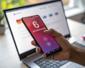 Primer plano de una mano genérica sosteniendo un teléfono inteligente con un código de autenticación de seis dígitos en la pantalla, mientras al fondo se observa borroso el formulario de inicio de sesión de una computadora. La imagen está iluminada suavemente, con colores vivos y un ambiente que transmite seguridad.