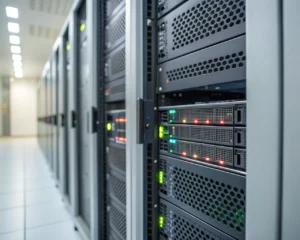 Rack de servidores de estado sólido moderno y brillante con luces indicadoras activas, situado en primer plano dentro de un centro de datos minimalista, fondo desenfocado. El hardware metálico resalta por sus detalles iluminados y superficies reflectantes, dando sensación de velocidad y fiabilidad.