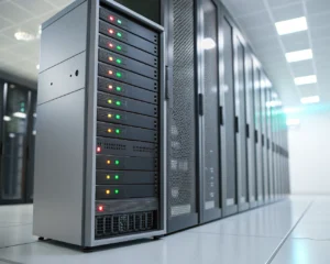 Primerísimo plano de un rack de servidor web metálico y moderno, con luces indicadoras encendidas, en un centro de datos minimalista iluminado suavemente. La imagen resalta los detalles de la estructura del servidor y transmite tecnología avanzada, velocidad y confiabilidad.