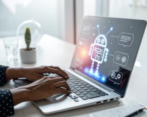 Primer plano de una pantalla de computadora moderna mostrando una interfaz de chatbot futurista iluminada con colores vivos y burbujas de conversación minimalistas; en el fondo un escritorio ordenado y manos genéricas cerca del teclado, simbolizando la interacción humano-IA.