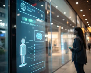 Interfaz de chatbot futurista y brillante en el centro de una pantalla digital, enfocada con burbujas de chat iluminadas e iconos claros, fondo desenfocado que sugiere una tienda en línea, y un pequeño símbolo de inteligencia artificial visible en la interfaz. Escena limpia y sin personas.