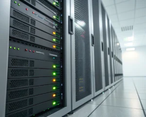 Primer plano de un rack de servidores moderno con luces LED encendidas, ambiente de centro de datos minimalista y sensación de alta tecnología y procesado rápido de datos.