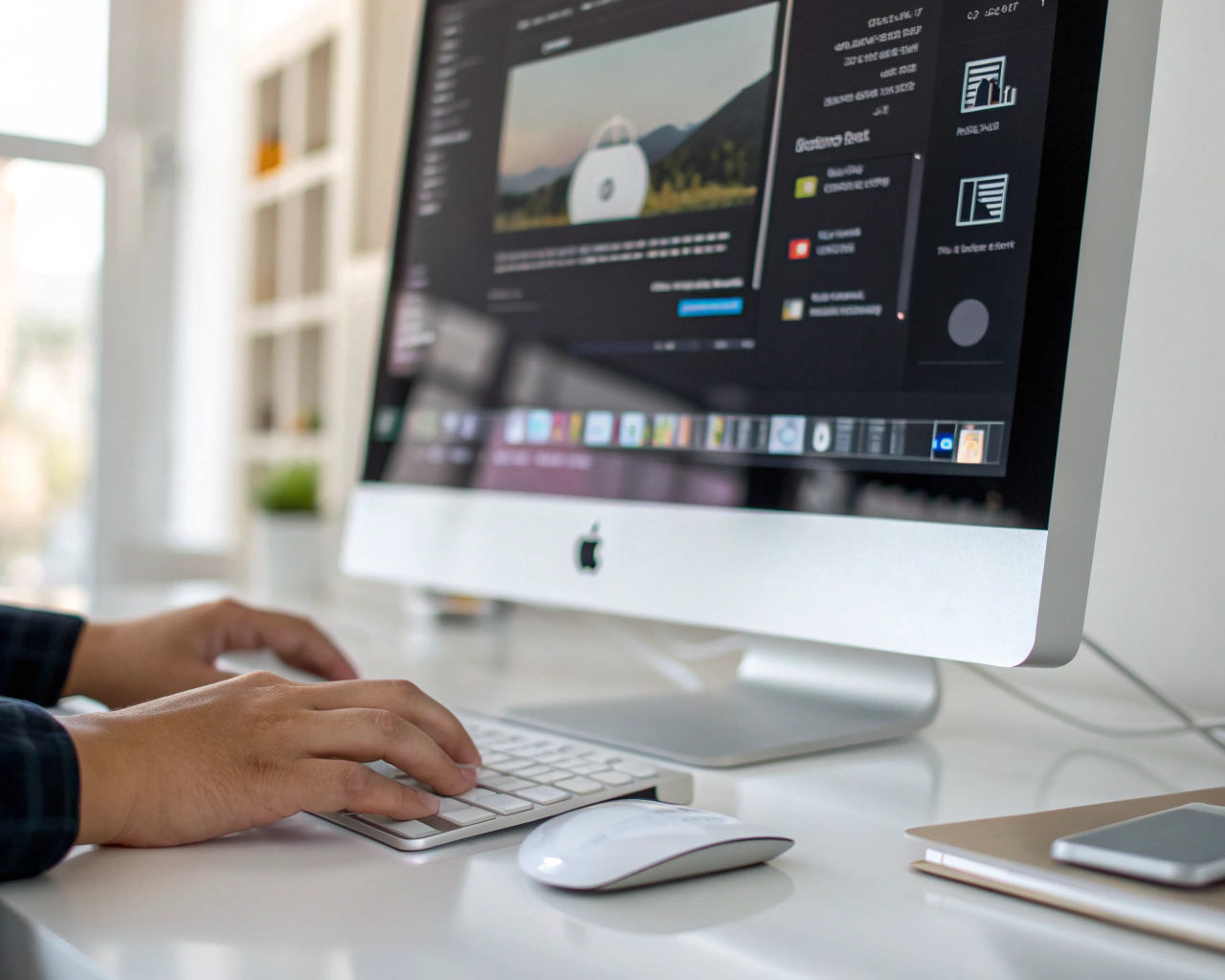 Fotografía digital en alta resolución siendo comprimida en la pantalla de un computador, con barras de progreso y efectos visuales mostrando la optimización del archivo en tiempo real. El entorno es un escritorio minimalista, iluminado por una luz suave, con una mano genérica usando el ratón como símbolo de interacción.