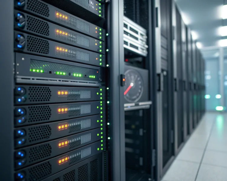 Primer plano de un rack de servidores con luces LED brillantes en un centro de datos moderno, reflejo de velocímetro en el metal sugiriendo velocidad y optimización, sin personas ni elementos desordenados.