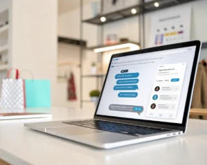 Interfaz avanzada de chatbot de inteligencia artificial en la pantalla de un portátil, resaltando burbujas de chat luminosas en un entorno de oficina minimalista y moderno, con el fondo borroso y detalles sutiles de tienda online.