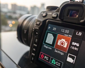 Primer plano de un icono de archivo de imagen digital, con detalles visibles de compresión y optimización, rodeado de siluetas coloridas de los formatos JPG, PNG, SVG y WebP en el fondo desenfocado. El icono principal presenta una textura detallada y un resplandor sutil, simbolizando eficiencia y velocidad en la optimización multimedia para la web. Escena limpia, sin personas ni elementos distractores.