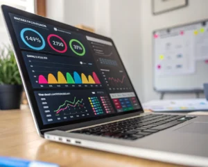 Pantalla de laptop moderna con gráficos de desempeño y métricas web coloridas, destacando velocidad de carga, en un escritorio mínimo y desenfocado, con énfasis en detalles digitales y sensación de eficiencia.