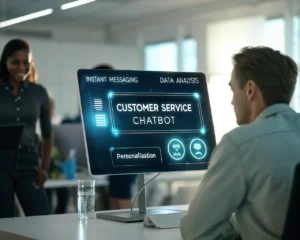 Interfaz moderna de chatbot de atención al cliente en una pantalla digital, rodeada de iconos de mensajería, análisis de datos y personalización, con fondo de oficina tecnológica iluminada y figuras humanas como siluetas borrosas, destacando detalles azules neón y diseño limpio.