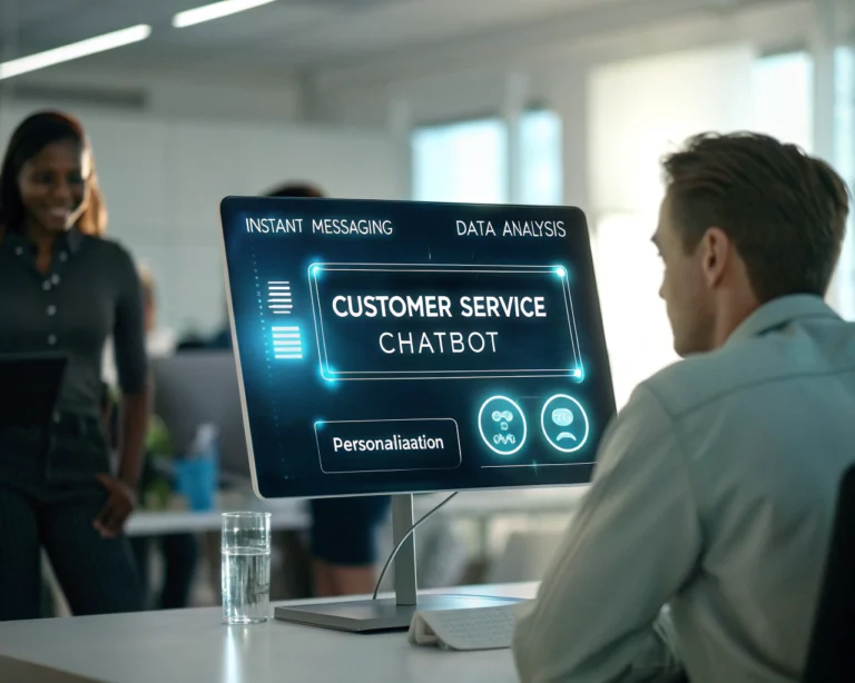 Interfaz moderna de chatbot de atención al cliente en una pantalla digital, rodeada de iconos de mensajería, análisis de datos y personalización, con fondo de oficina tecnológica iluminada y figuras humanas como siluetas borrosas, destacando detalles azules neón y diseño limpio.