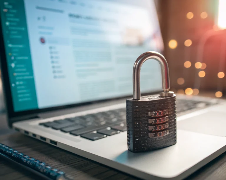 Primer plano de un candado metálico junto a una interfaz digital luminosa, fusionando protección física y digital sobre un fondo borroso que simula una página de inicio de sesión, evocando seguridad y confianza en entorno digital.