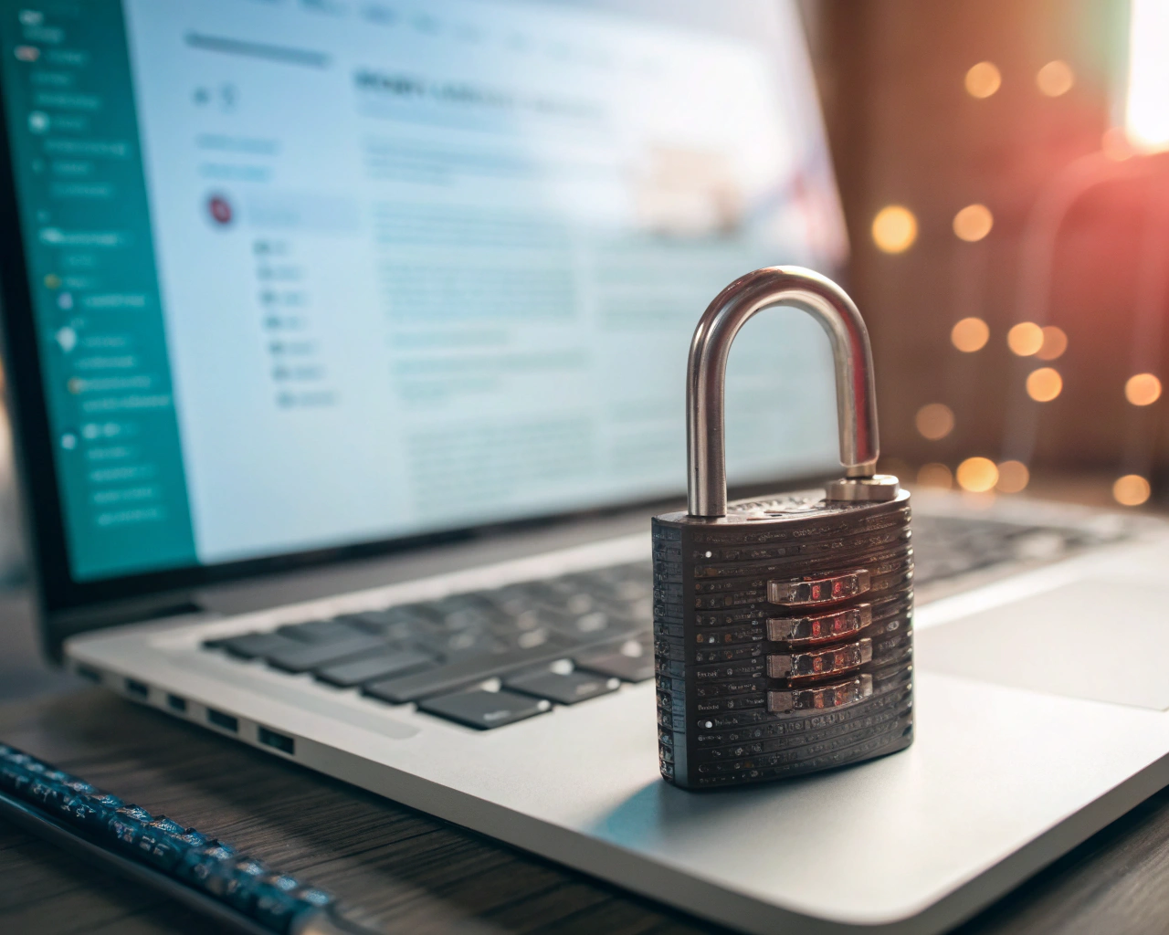 Primer plano de un candado metálico junto a una interfaz digital luminosa, fusionando protección física y digital sobre un fondo borroso que simula una página de inicio de sesión, evocando seguridad y confianza en entorno digital.