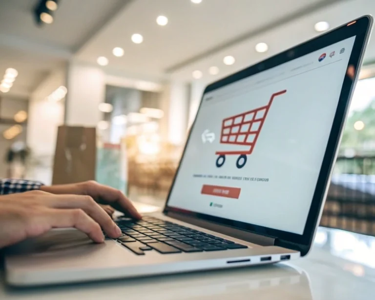 Interfaz de una tienda en línea en la pantalla de un portátil moderno, resaltando en el centro el icono brillante del carrito de WooCommerce. El entorno es un espacio de trabajo contemporáneo, con fondo difuminado y sin personas identificables.