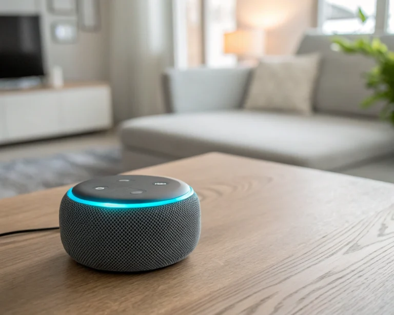 Altavoz inteligente moderno y elegante, con anillo LED encendido, colocado en el centro de una mesa de madera, con un fondo de sala de estar suavemente desenfocado.