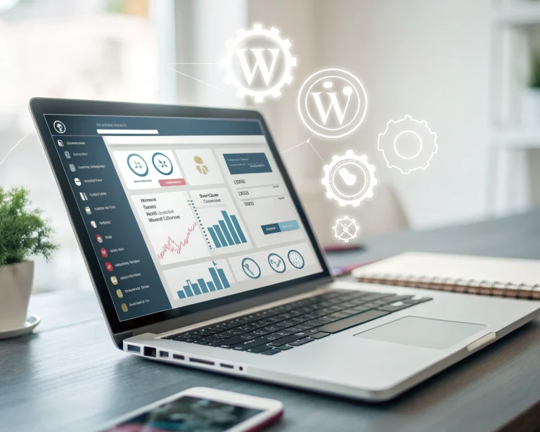 Laptop moderna en primer plano mostrando el panel de control de WordPress, rodeada de íconos flotantes de optimización, con un fondo de escritorio tecnológico y luz suave, transmitiendo eficiencia y velocidad.