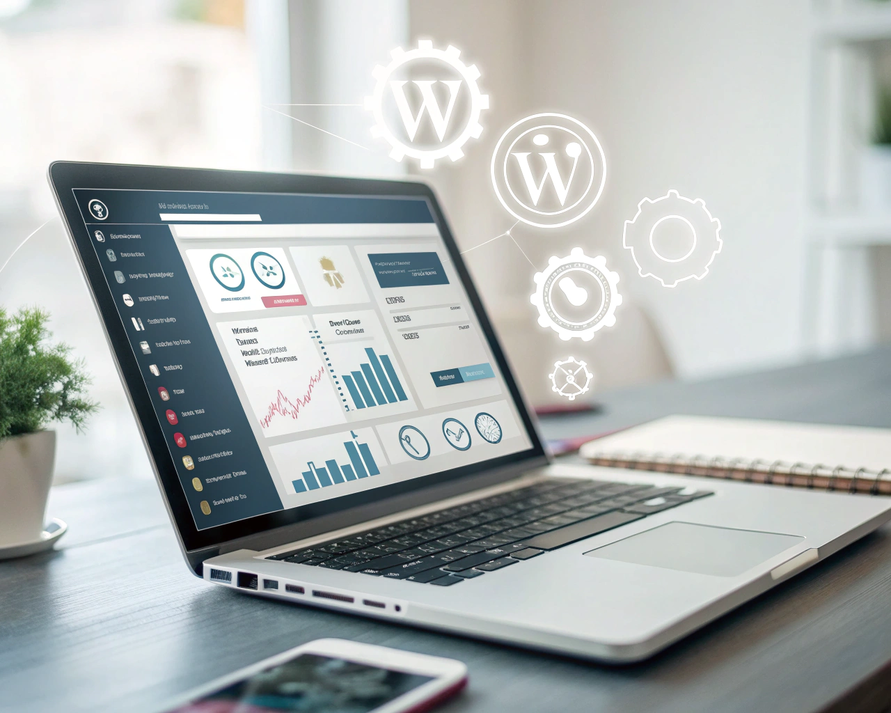 Laptop moderna en primer plano mostrando el panel de control de WordPress, rodeada de íconos flotantes de optimización, con un fondo de escritorio tecnológico y luz suave, transmitiendo eficiencia y velocidad.
