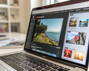 Monitor de computadora con imagen de producto en alta definición siendo comprimida digitalmente, barra de progreso visible, iconos de archivos en primer plano y fondo borroso que recuerda a una tienda en línea.