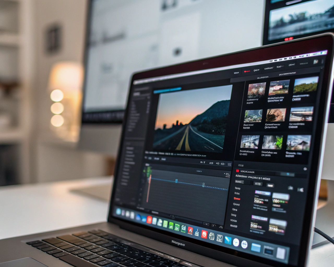 Interfaz cinematográfica de un plugin de optimización de imágenes con inteligencia artificial, mostrando deslizadores y vistas previas en una computadora moderna dentro de un espacio de trabajo desenfocado.