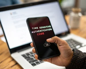 Primer plano de una mano que sostiene un smartphone mostrando un código de autenticación digital, con una página de inicio de sesión desenfocada en el fondo, ilustrando un momento de verificación segura.