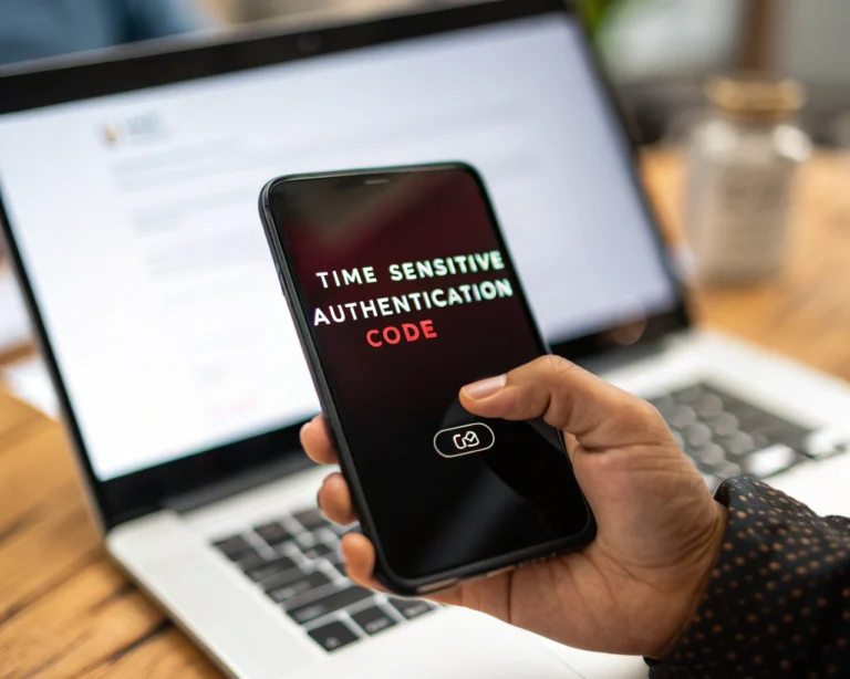 Primer plano de una mano que sostiene un smartphone mostrando un código de autenticación digital, con una página de inicio de sesión desenfocada en el fondo, ilustrando un momento de verificación segura.