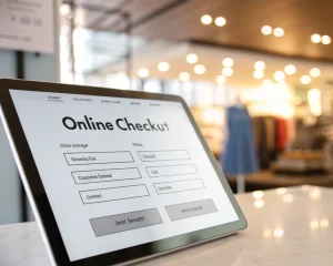 Formulario de pago en línea moderno y minimalista con campos reducidos, botones de llamada a la acción grandes y claros, e indicador de progreso, sobre un fondo digital suave y luminoso. El diseño muestra una interfaz limpia, intuitivamente organizada y sin elementos personales.