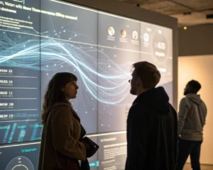 Visualización cinematográfica de un algoritmo de recomendaciones inteligentes como una interfaz digital luminosa al centro, mostrando sugerencias personalizadas de productos. El fondo tiene patrones abstractos representando flujos de datos y perfiles de usuario, con iluminación de ambiente que resalta la superficie translúcida y los datos en movimiento. El diseño es limpio, moderno y sin figuras humanas.