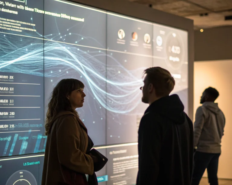 Visualización cinematográfica de un algoritmo de recomendaciones inteligentes como una interfaz digital luminosa al centro, mostrando sugerencias personalizadas de productos. El fondo tiene patrones abstractos representando flujos de datos y perfiles de usuario, con iluminación de ambiente que resalta la superficie translúcida y los datos en movimiento. El diseño es limpio, moderno y sin figuras humanas.