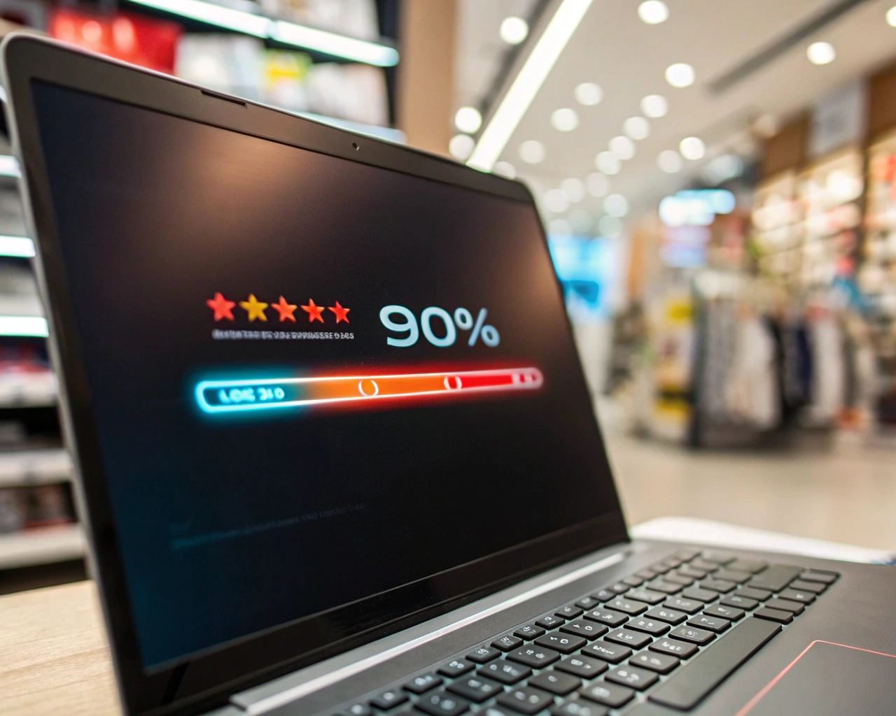 Barra de progreso digital al 90% brillando con colores vivos en la pantalla de una computadora moderna, centrada en un escritorio minimalista con fondo desenfocado de miniaturas de productos de e-commerce.
