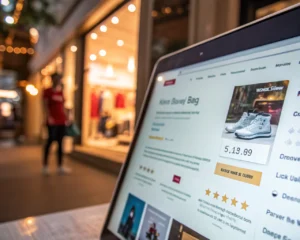 Interfaz digital cinematográfica de una tienda WooCommerce, mostrando en primer plano una página de producto con imágenes llamativas, descripciones claras, calificaciones con estrellas y botones destacados, iluminada por colores vivos y un suave resplandor. El fondo sugiere un entorno de tienda online desenfocado.