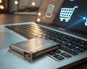 Unidad SSD metálica y moderna sobre el teclado reluciente de una laptop, con fondo desenfocado que incluye código y carritos de compra, iluminada por luz ambiental. Primer plano cinemático que resalta la textura y detalles del SSD, simbolizando tecnología avanzada y fiabilidad.