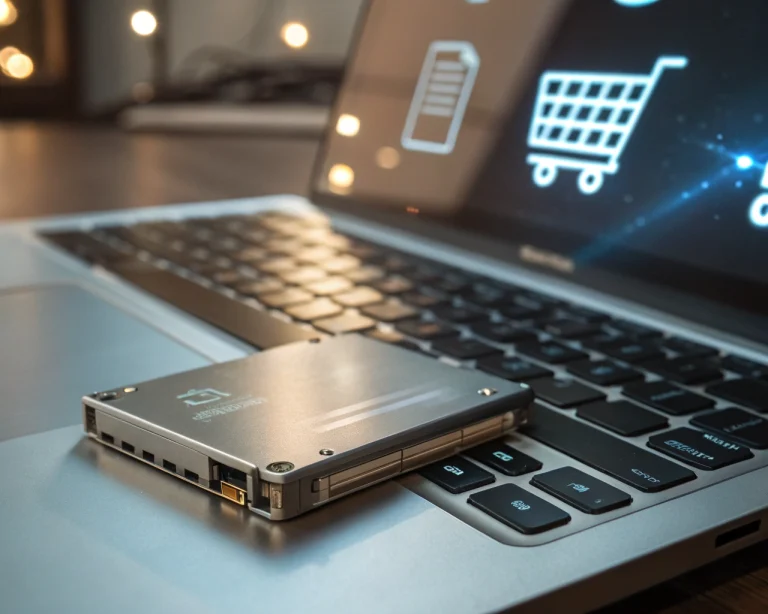 Unidad SSD metálica y moderna sobre el teclado reluciente de una laptop, con fondo desenfocado que incluye código y carritos de compra, iluminada por luz ambiental. Primer plano cinemático que resalta la textura y detalles del SSD, simbolizando tecnología avanzada y fiabilidad.