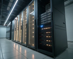 Cinemática fotografía de un rack de servidores moderno y brillante con luces LED azules, discos SSD visibles y rejillas para el flujo de aire, en un centro de datos minimalista, resaltando los detalles metálicos y la eficiencia tecnológica. Imagen sin personas.