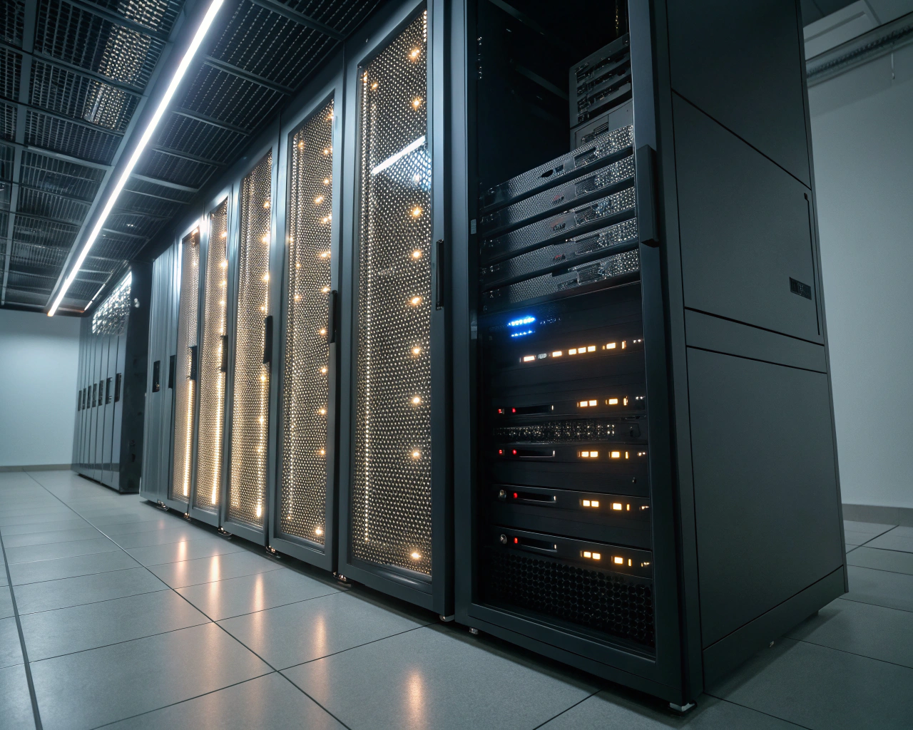 Cinemática fotografía de un rack de servidores moderno y brillante con luces LED azules, discos SSD visibles y rejillas para el flujo de aire, en un centro de datos minimalista, resaltando los detalles metálicos y la eficiencia tecnológica. Imagen sin personas.