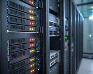 Rack de servidores moderno con luces LED encendidas y cables ordenados en primer plano, acompañado de una interfaz digital desenfocada al fondo que muestra analíticas de rendimiento, iluminado con colores vivos y luz ambiental.