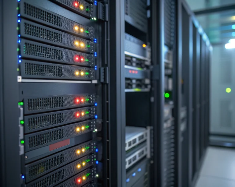 Rack de servidores moderno con luces LED encendidas y cables ordenados en primer plano, acompañado de una interfaz digital desenfocada al fondo que muestra analíticas de rendimiento, iluminado con colores vivos y luz ambiental.