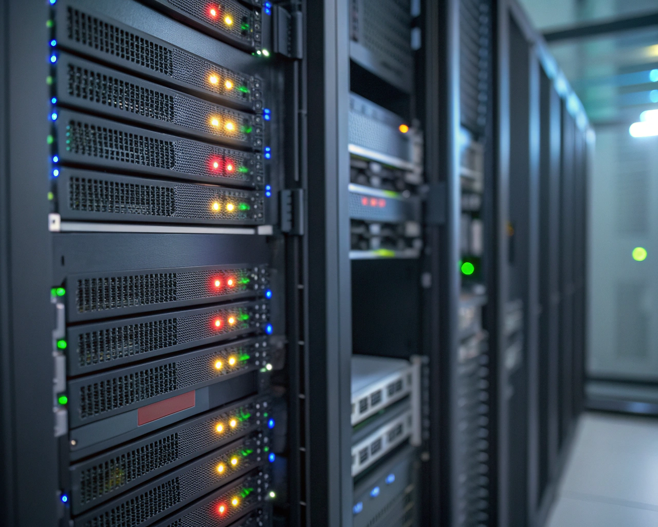 Rack de servidores moderno con luces LED encendidas y cables ordenados en primer plano, acompañado de una interfaz digital desenfocada al fondo que muestra analíticas de rendimiento, iluminado con colores vivos y luz ambiental.