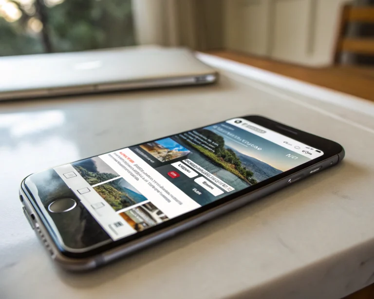 Teléfono inteligente moderno sobre superficie minimalista mostrando un sitio web responsivo con navegación clara y botones accesibles; fondo desenfocado y luz natural resaltando la pantalla.