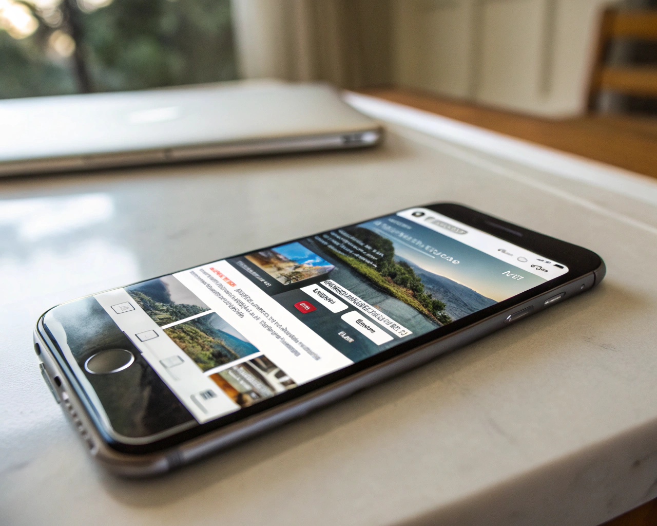 Teléfono inteligente moderno sobre superficie minimalista mostrando un sitio web responsivo con navegación clara y botones accesibles; fondo desenfocado y luz natural resaltando la pantalla.