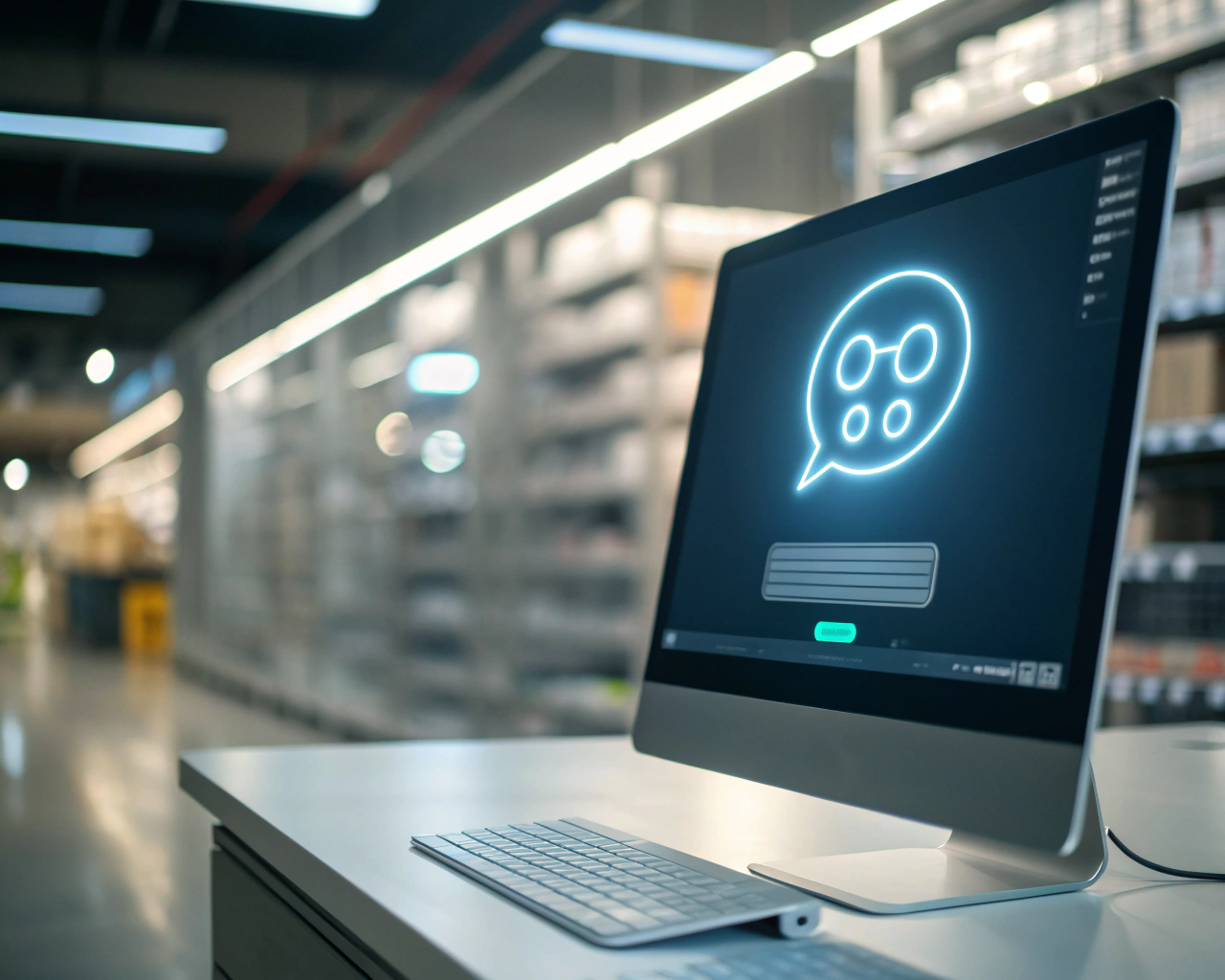 Monitor elegante mostrando una interfaz realista de chatbot AI con una burbuja de chat luminosa en el centro, ubicado en un espacio de trabajo de ecommerce moderno y desenfocado, con iluminación atmosférica y composición limpia.