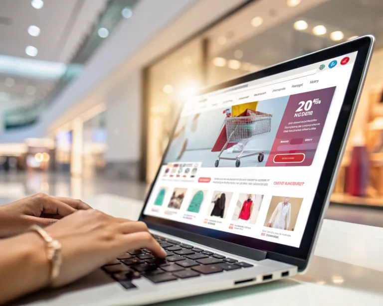 Interfaz digital de recomendación de productos con inteligencia artificial en un sitio web de compras en línea, destacando productos sugeridos con íconos coloridos frente a un fondo borroso de ambiente de compras digital. No hay personas, solo elementos digitales genéricos y pantallas.