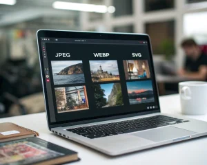 Pantalla de ordenador elegante en un escritorio minimalista mostrando imágenes digitales optimizadas en formatos JPEG, WebP y SVG, cada una con información de tamaño de archivo visible debajo. El primer plano es nítido y colorido, el fondo borroso y no hay personas en la escena.