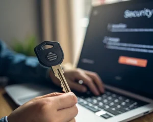 Primer plano de una mano sosteniendo una llave USB de seguridad sobre un fondo desenfocado donde se distingue una pantalla de inicio de sesión, con colores vivos y sombras marcadas, simbolizando protección y acceso digital.