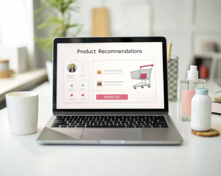 Laptop moderna en un escritorio minimalista, mostrando una interfaz de tienda en línea con recomendaciones de productos, lista de deseos, saludo personalizado y botones intuitivos en colores suaves. La pantalla resalta los detalles interactivos con el fondo desenfocado y se ve claramente el ícono de carrito de compras. No hay personas visibles y el ambiente es acogedor y fácil de usar.