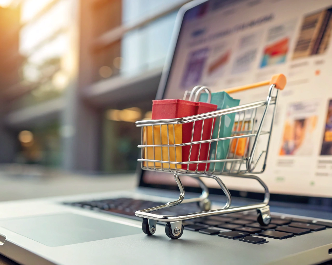 Primer plano de un brillante carrito de compras digital lleno de productos coloridos sobre una interfaz de tienda en línea borrosa, con un sutil motivo de flecha ascendente; la atmósfera transmite rapidez y eficiencia en el comercio electrónico.