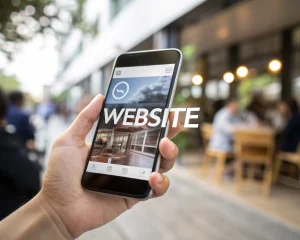 Primer plano de una mano sosteniendo un teléfono inteligente que muestra un sitio web responsivo, con botones grandes y texto claro. El fondo desenfocado sugiere el interior de una cafetería, transmitiendo uso móvil en movimiento. La pantalla del móvil resalta por su brillo y claridad en un entorno natural sin elementos distractores.