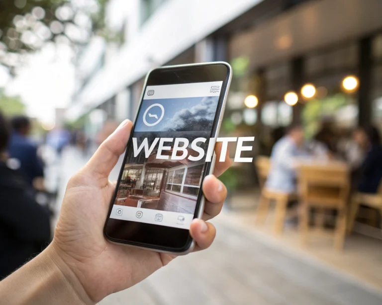 Primer plano de una mano sosteniendo un teléfono inteligente que muestra un sitio web responsivo, con botones grandes y texto claro. El fondo desenfocado sugiere el interior de una cafetería, transmitiendo uso móvil en movimiento. La pantalla del móvil resalta por su brillo y claridad en un entorno natural sin elementos distractores.
