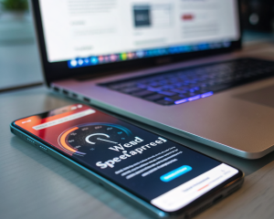 Smartphone moderno mostrando en su pantalla una web de WordPress optimizada y cargando rápidamente. El dispositivo iluminado con colores vibrantes se encuentra en el centro sobre un fondo de oficina tecnológica desenfocado, destacando un icono de velocímetro que simboliza velocidad y eficiencia.